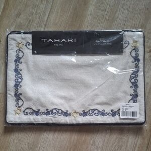 Tahari Home Set Of 4 Cream Placemats with Blue and Gold Embroidery